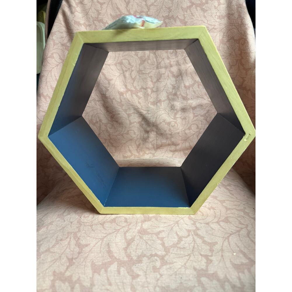 Natural Wood Hexagon Kids Shelf w/ Solid Blue Interior Color